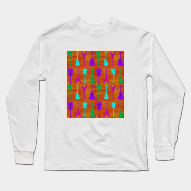 Retro Guitar Pattern Long Sleeve T-Shirt by Jps Creatorium